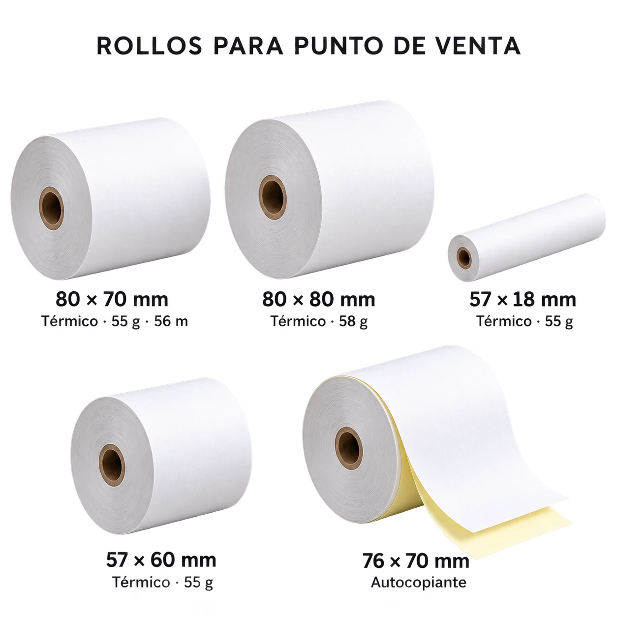 Catálogo ilustrativo de rollos térmicos y autocopiante; confirmar especificaciones al cotizar